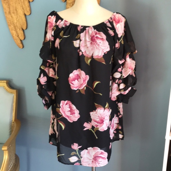 IJOAH Dresses & Skirts - IJOAH black & pink floral chiffon mesh pullover 3/4 sleeves tunic/mini dress M